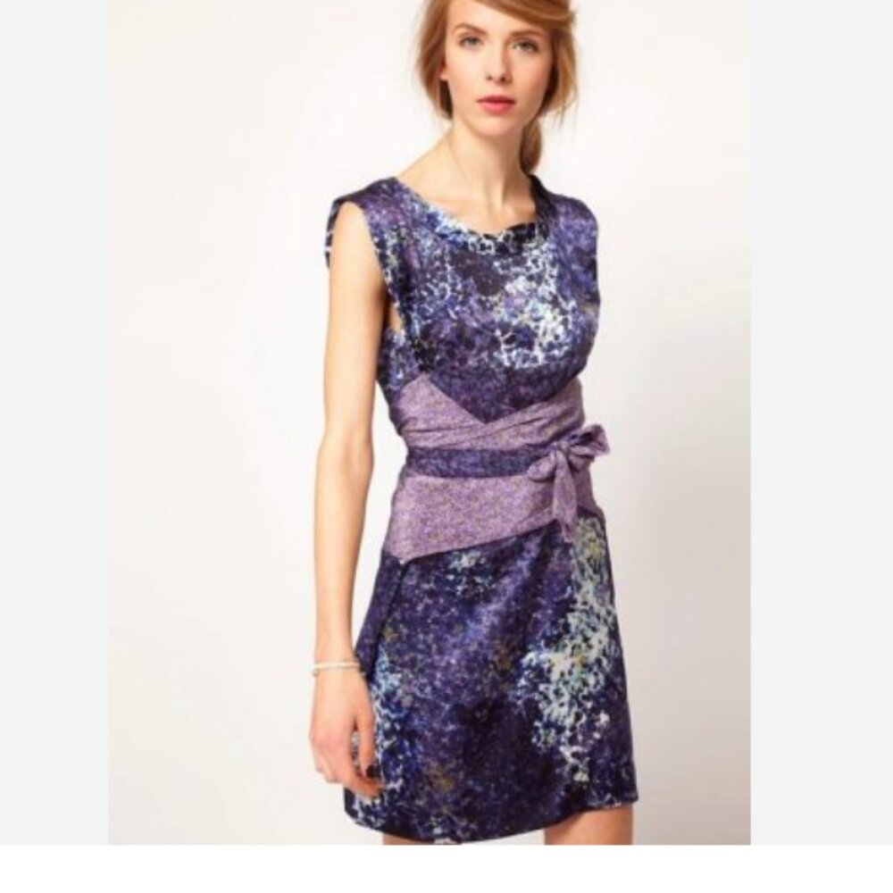 EDUN Silk Wrap Obi Tie Abstract Floral Artsy Sleeveless Mixed print Dress sz S